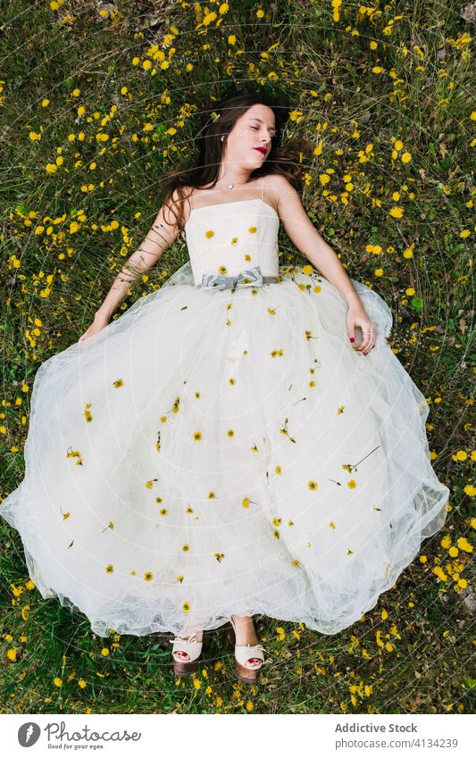 Relaxed bride lying in meadow with flowers groom caress relax dandelion newlywed female blossom together wedding lawn wedding day calm tranquil wedding dress