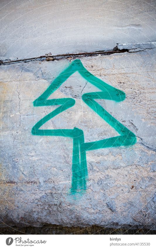 sprayed fir tree on an old concrete wall Fir tree Graffiti Green Gray Youth culture Tree Concrete wall Christmas tree