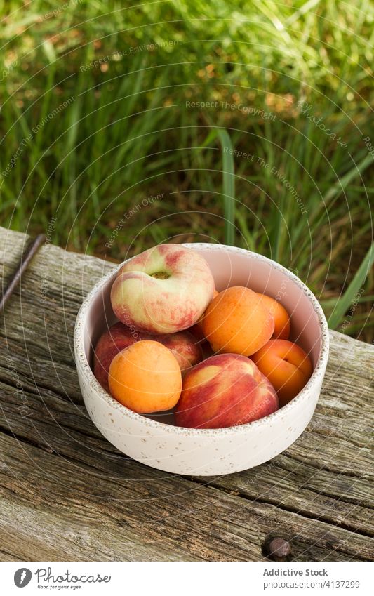 Bowl with fresh fruits in countryside ripe rustic apricot peach bowl delicious natural tasty ceramic wooden table garden organic food healthy vitamin summer