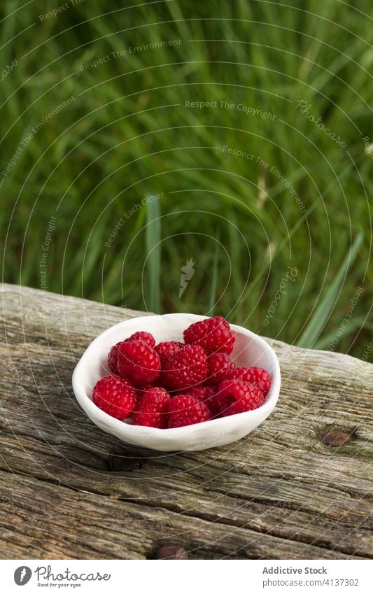 Bowl with fresh fruits in countryside ripe raspberry rustic berries bowl delicious natural tasty ceramic wooden table garden organic food healthy vitamin summer