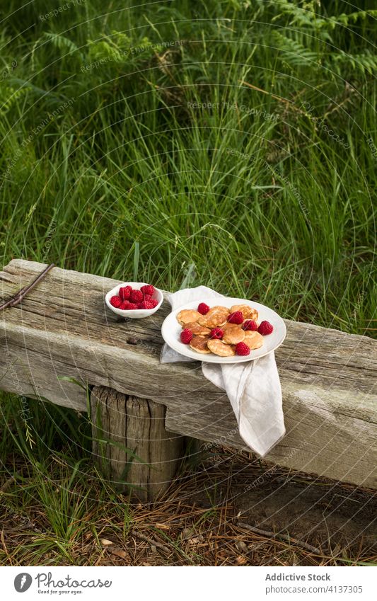 Yummy pancakes with fruits and berries breakfast delicious morning countryside yummy berry fresh food tasty wooden bench plate healthy bowl dessert meal gourmet