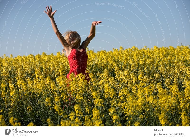 leaping Freedom Summer Human being Feminine Young woman Youth (Young adults) 1 18 - 30 years Adults Nature Plant Beautiful weather Flower Blossom Field Laughter