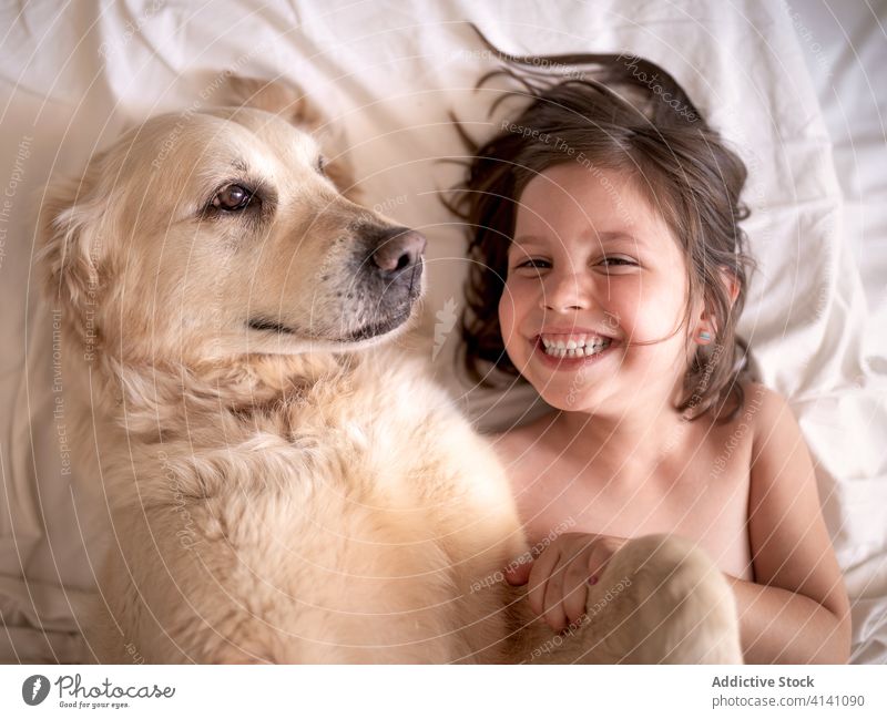 Happy girl lying with dog on crumpled bed sheet rest affection companion toothy smile together idyllic home harmony hovawart pet mammal canine calm breed