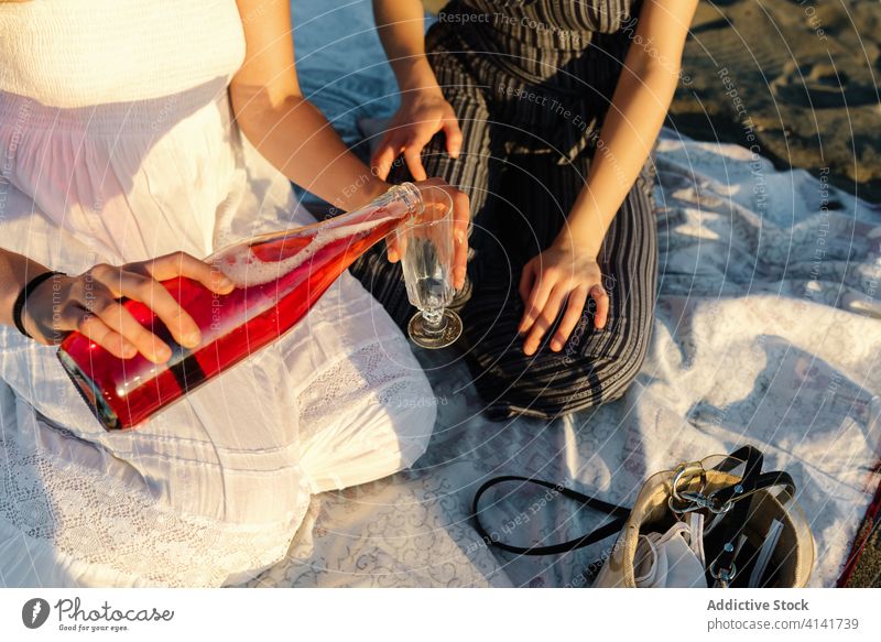 Couple of women pouring wine in glass lesbian couple picnic beach celebrate lgbt holiday alcohol drink together beverage enjoy vacation romantic relationship