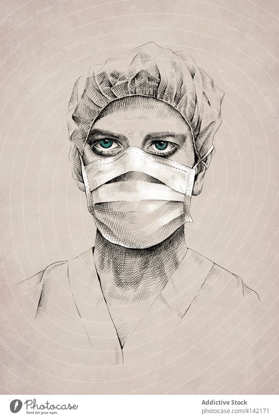 Male doctor in medical mask man surgical professional drawing coronavirus epidemic uniform portrait male illustration picture art craft creative artwork