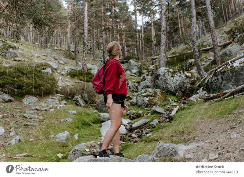 Young woman standing on stone in forest hike travel activity trekking young nature adventure spain navacerrada madrid female hiker journey vacation lifestyle