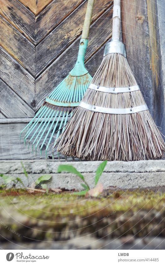 To sweep before one's own door... Kitsch Odds and ends Turquoise Broom Rake Garden Gardening Decoration Entrance Door Gate Doorstep Old Ancient flaking paint