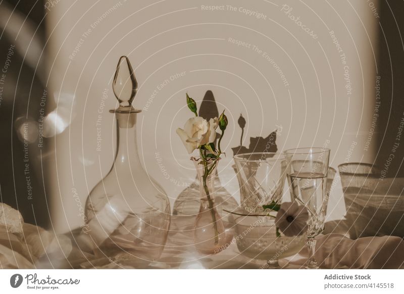 Elegant table decoration with glassware and fragrant white flowers vase decanter elegant delicate composition shadow design vintage classic feminine bloom