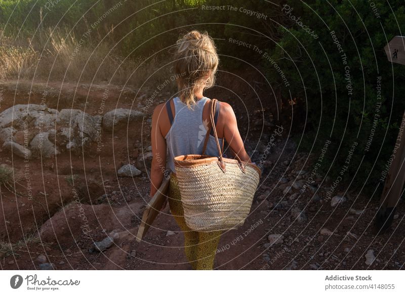 Woman walking along a path in the forest with a basket and a plank arrow direction destination trekking blonde woman female feminine wicker organic natural