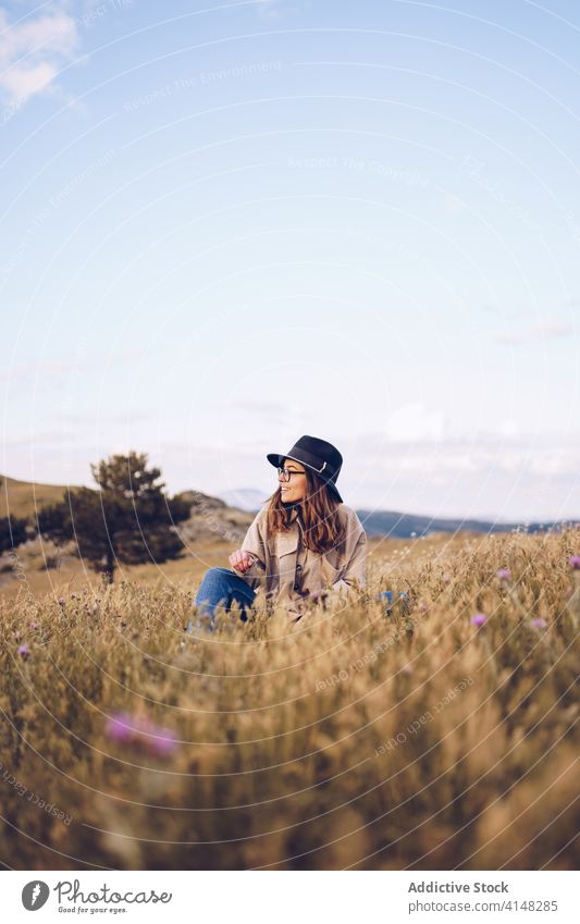 Calm woman relaxing in the field autumn dried meadow nature serene rest harmony female peaceful fall sit grass season dry tranquil enjoy idyllic lady freedom