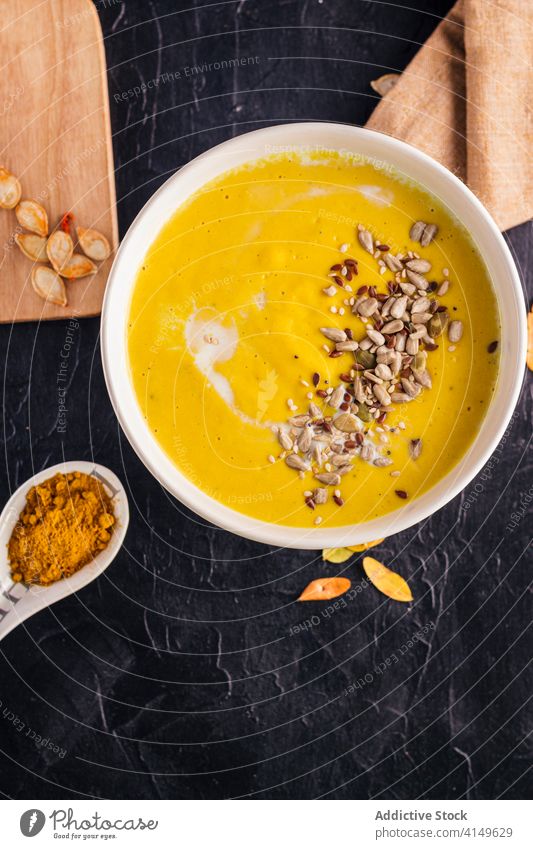 Closeup of a delicious pumpkin cream Bowl Color Cuisine Directly above Dish Dry leaves Gastronomy Healthy food Homemade Indoor Meal No people Nutmeg