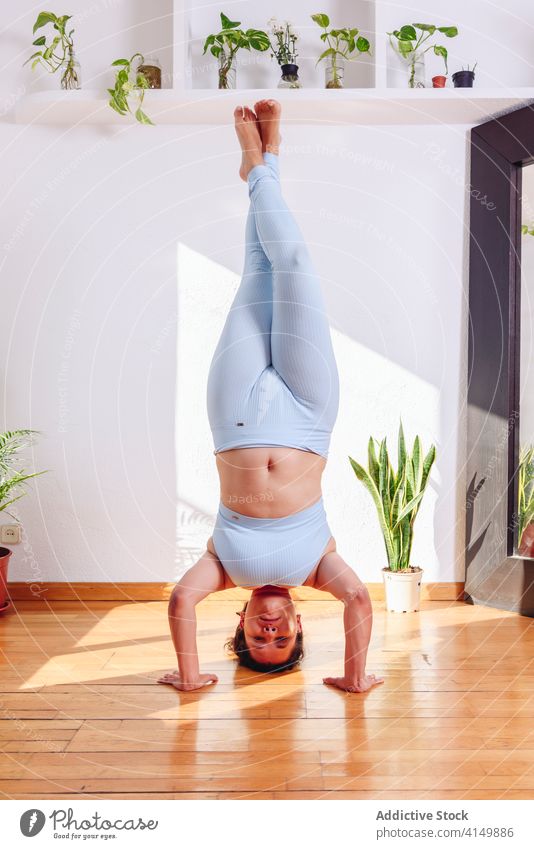 Woman doing yoga in Supported Headstand pose headstand woman supported headstand pose salamba sirsasana flexible balance home plump female healthy wooden floor
