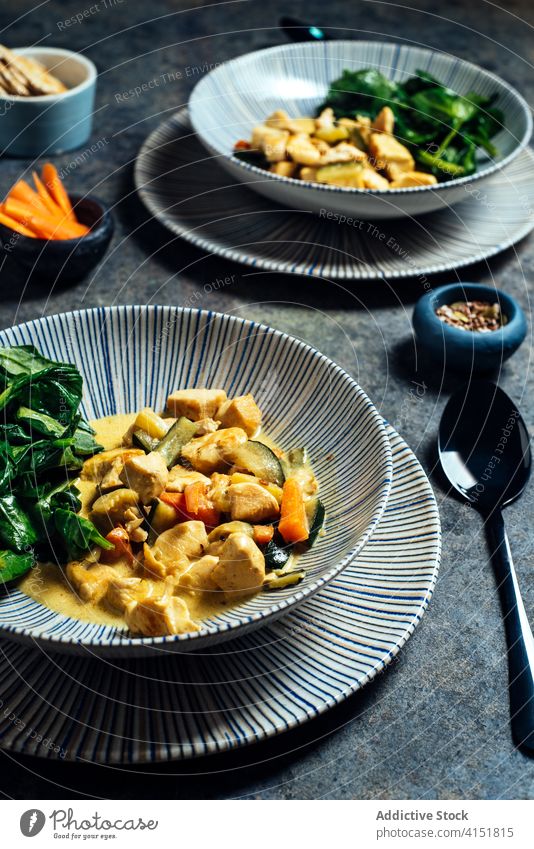 Delicious Thai Curry Coconut Chicken chicken coconut asian curry gourmet milk ingredient delicious spinach vegetables carrot dish thai thailand meat aroma