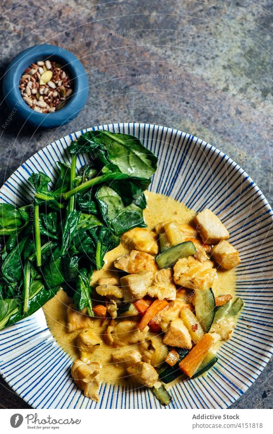 Delicious Thai Curry Coconut Chicken chicken coconut asian curry gourmet milk ingredient delicious spinach vegetables carrot dish thai thailand meat aroma