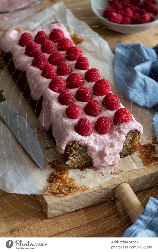 Delicious homemade cake with raspberries raspberry cream dessert food sweet pastry unrecognizable yummy delectable baked kitchen cook tasty recipe cuisine meal