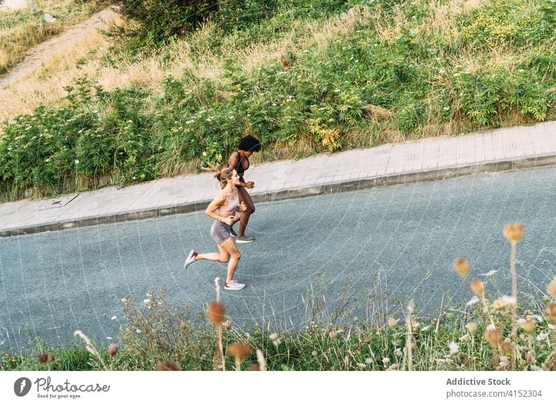 Happy sportive women running on road training fitness workout active uphill sporty jog exercise together urban effort runner optimist jogger move happy young