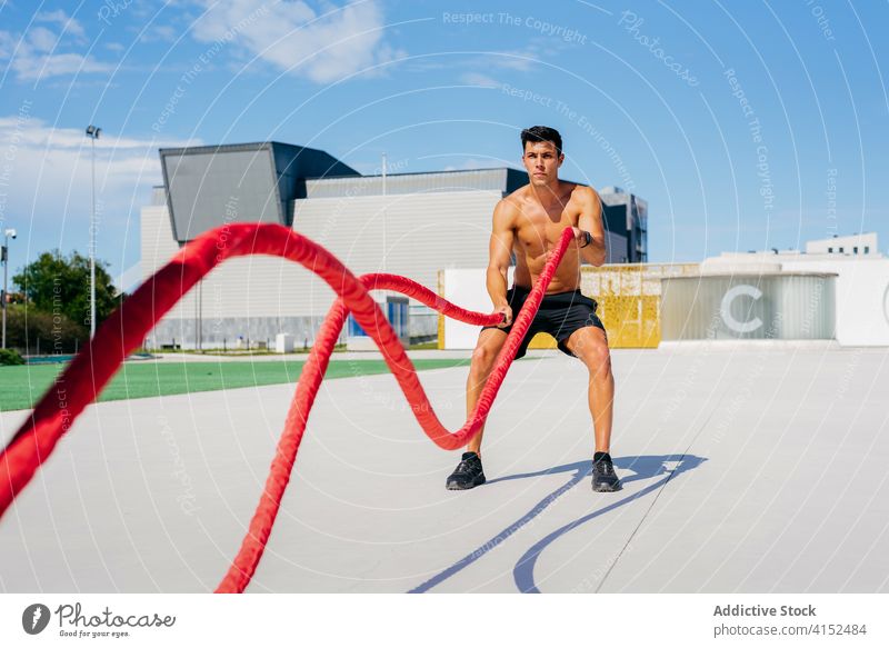 Strong sportsman exercising with ropes training battle exercise terrace sunny workout strong male muscular athlete fitness healthy summer shirtless strength guy