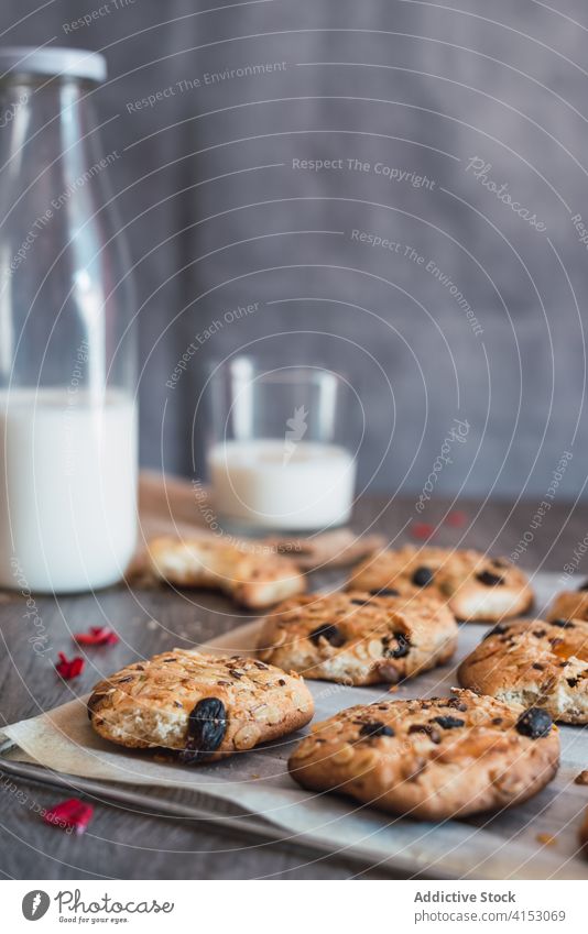 Fresh homemade oatmeal cookies with raisin baked fresh pastry milk food healthy breakfast morning yummy delicious tasty sweet snack nutrition biscuit treat