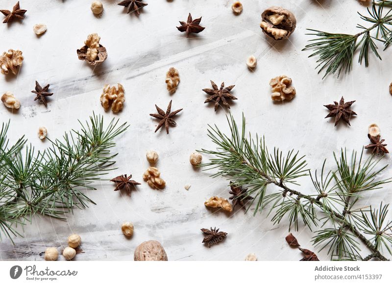 Christmas composition with spruce branches and nuts christmas natural background decoration aroma design holiday tradition fir anise walnut xmas season winter