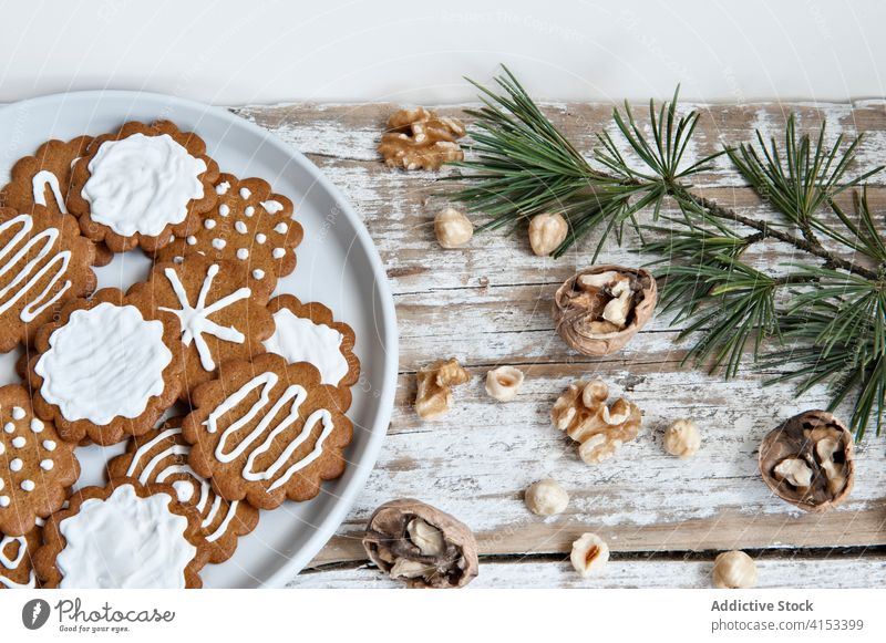 Christmas cookies and nuts with spruce branch christmas homemade sweet icing decoration tradition winter rustic holiday celebrate festive new year event dessert