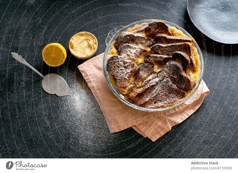 Sweet bread pudding with orange zest butter food custard delicious dessert meal sweet pastry vanilla homemade recipe background cuisine tasty sauce closeup