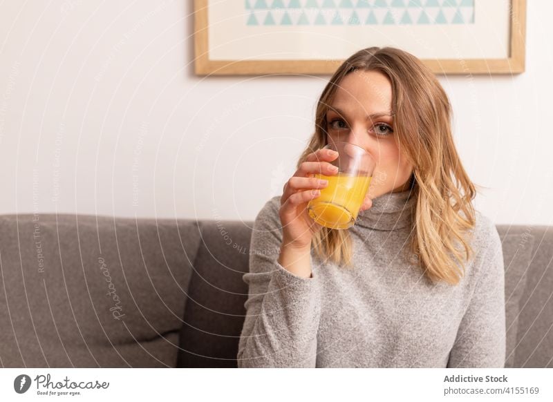 Cheerful woman drinking fresh orange juice at home smile female couch online job comfort happy sofa sit glass living room apartment glad cozy positive