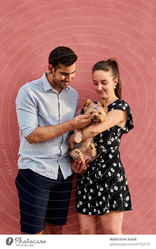 Tender couple with cute dog in city stroke together animal adorable relationship friend companion pet love canine tender hug bonding little domestic building