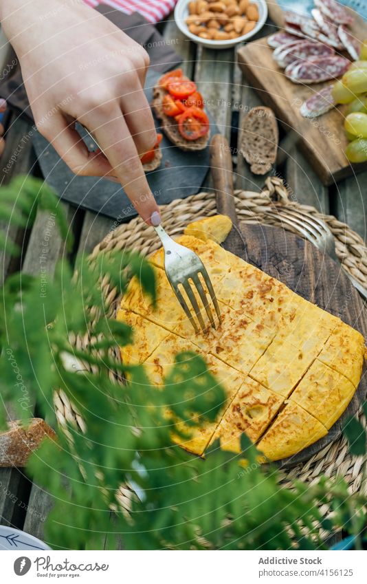 Crop woman eating delicious pie picnic table piece fork tasty homemade nature female valle del jerte caceres spain dish pastry fresh food cuisine recipe meal