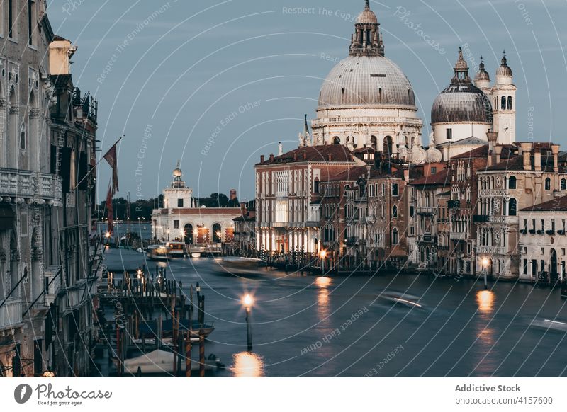 Amazing scenery of water canal and cathedral in city santa maria della salute landmark evening cityscape church amazing venice italy dusk twilight exterior sky