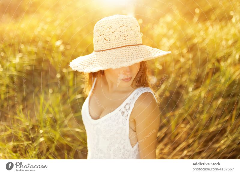Charming woman in field in summer sunhat meadow sunset evening tender carefree relax female stand smile nature enjoy cheerful romantic rest sundown peaceful