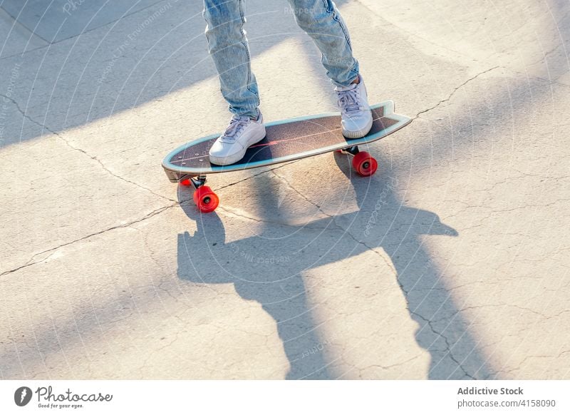 Crop skater on modern skateboard in skatepark sneakers city street summer style youngster cool jeans urban contemporary active activity outfit hipster trendy