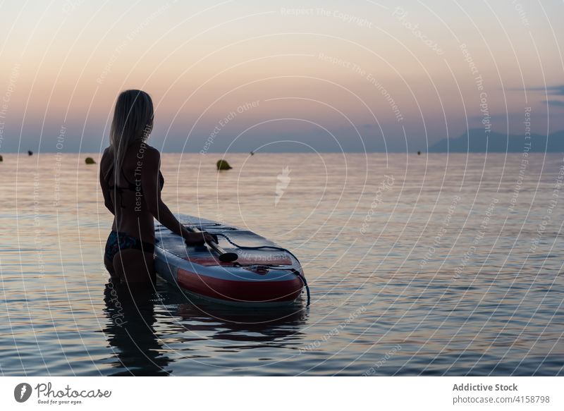 Anonymous woman practicing near paddleboard at sunset surfer sup board row sea training surfboard female summer sporty sit calm water sundown sky twilight dusk