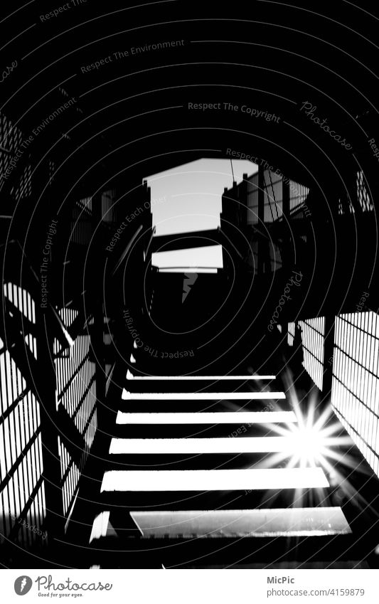 High stairs stagger Stairs Black Black & white photo Architecture solar star sunbeam Shadow Exterior shot Banister