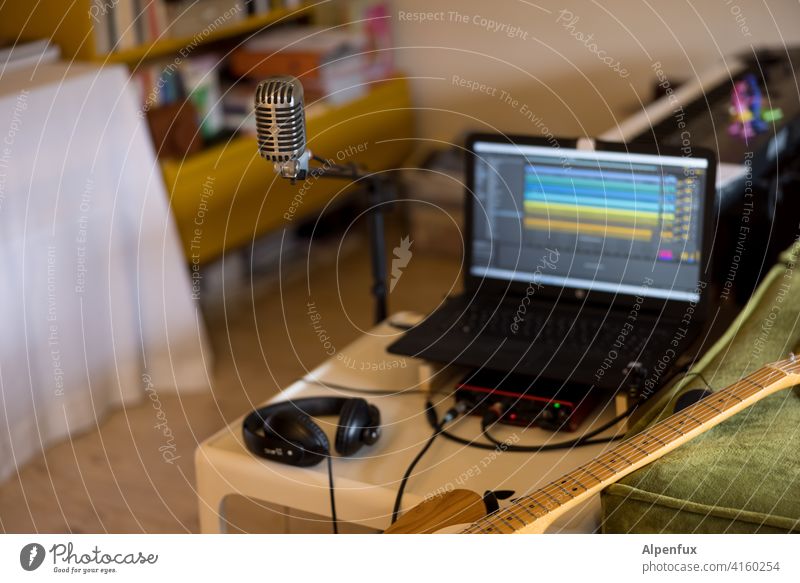 Home podcasting - Waiting to be used Musician recording Studio shot Podcast Microphone Guitar Guitarist Colour photo Technology Equipment Sound tool Artist