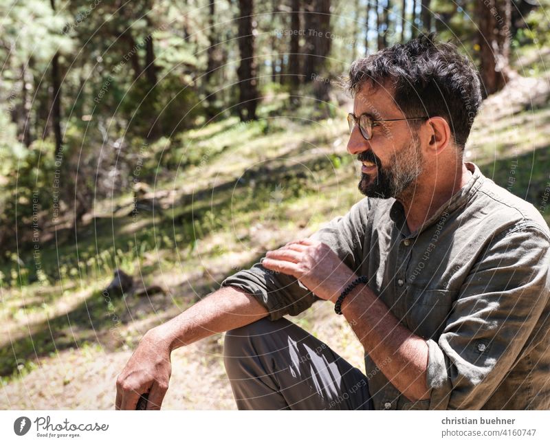 male portrait in forest Man Forest Nature relaxed trees Grass meditative Eyeglasses Facial hair romantic Peaceful