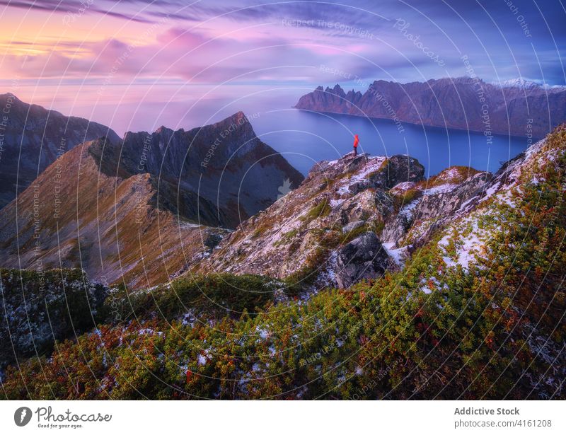 Anonymous tourist contemplating ocean from showy ridge in evening travel admire mountain seascape nature highland sky cloudy twilight snowy traveler sundown
