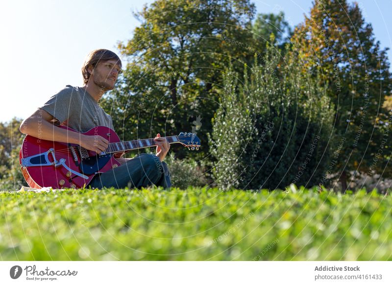 Man playing guitar in park man electric music musician instrument melody summer male sunny entertain grass hobby cheerful rest happy practice lawn song smile