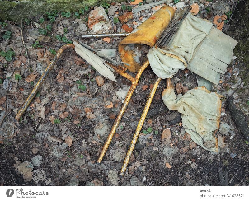settled Chair Office chair Broken broken defective dead Forest Woodground across sad Metal Dirty tris remnants bequest Old Deserted Exterior shot Transience