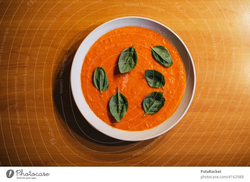 #A0# Paprika soup with basil Pepper pepper soup Basil Soup Greens Plate Edge of a plate Red Meal Dinner Delicious salubriously Healthy Eating Vegetarian diet