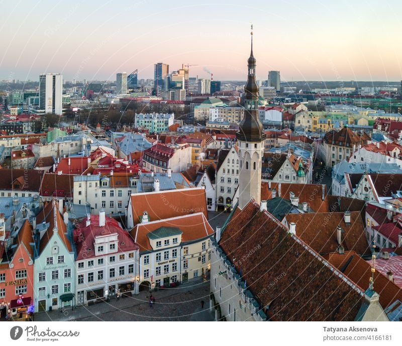 Aerial view to Tallinn Old Town estonia tallinn old town landmark aerial medieval roof famous red architecture building city baltic travel cityscape tower