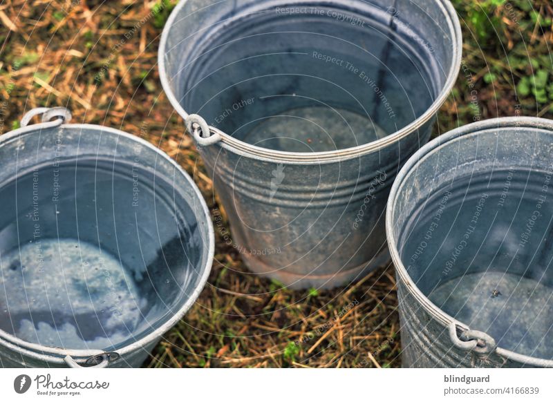 When the rain is over metal bucket zinc bucket Bucket Water filled Colour photo Deserted fluid Wet Damp watery handle Tin Metal reflection Detail Reflection