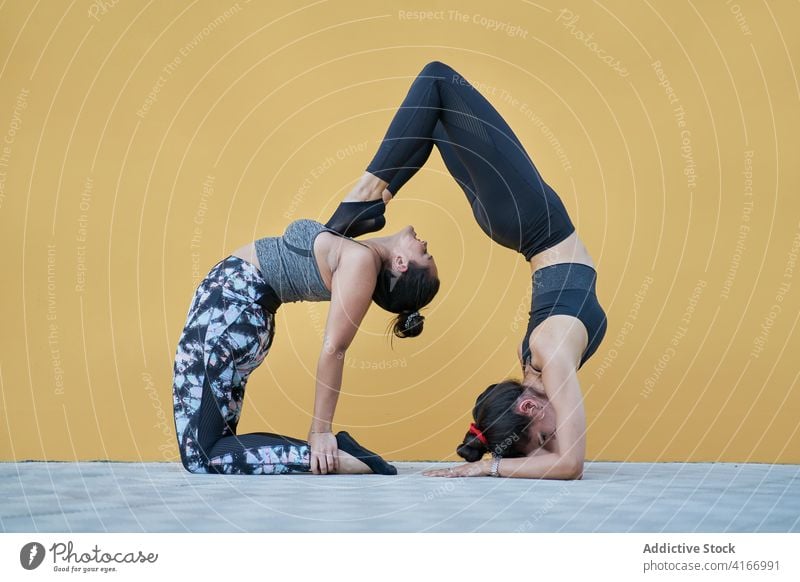 Flexible women practicing acroyoga in studio sporty acro yoga practice partner mindfulness gymnastic vitality flexible aerobic balance wellness slim exercise
