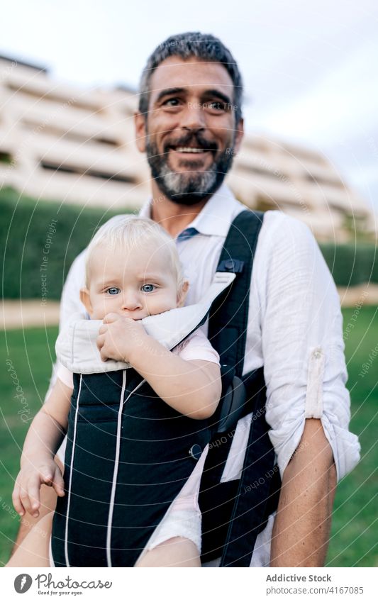 Father carrying son in sling man father infant innocent positive parenthood adorable stroll park male together beard lifestyle enjoy toothy smile leisure summer