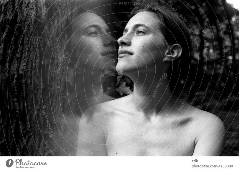 Dream. Spell. Forest. | Immersion in the other world. | Encountering oneself. Woman portrait Face Black & white photo Feminine Looking reflection pretty