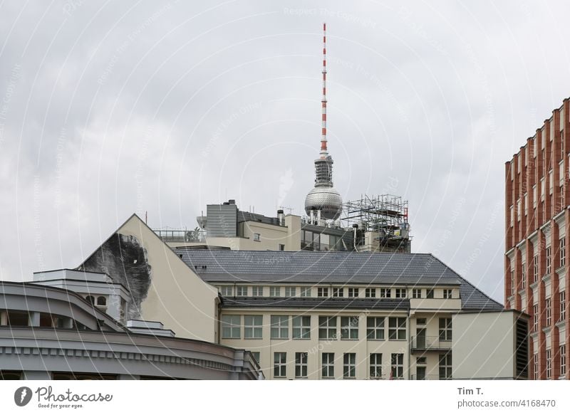 the backside of SOHO Hotel with TV tower Television tower Berlin TV Tower Architecture Landmark Downtown Berlin Capital city Deserted City Exterior shot