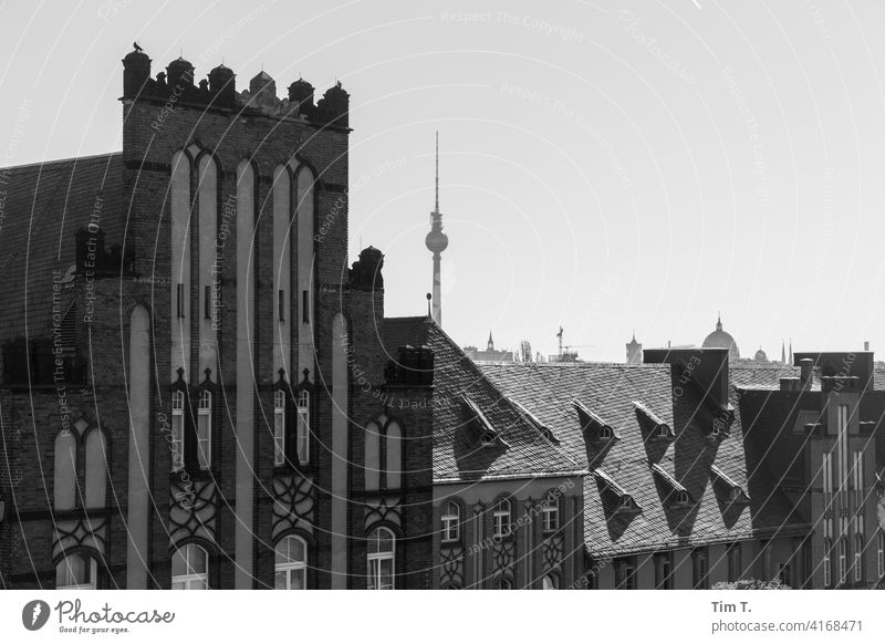 View from the Charite Campus to the Berlin TV Tower campus charity b/w Roof Television tower Black & white photo Architecture Town Exterior shot Deserted Day