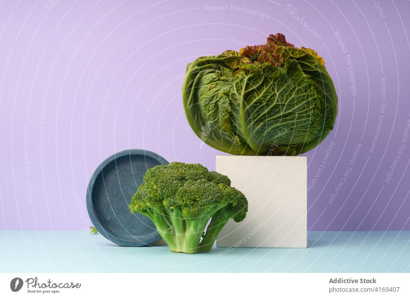 Still life with savoy cabbage food white ingredient green light indoor studio vegan vegetarian healthy grocery shopping copy space cooking white background