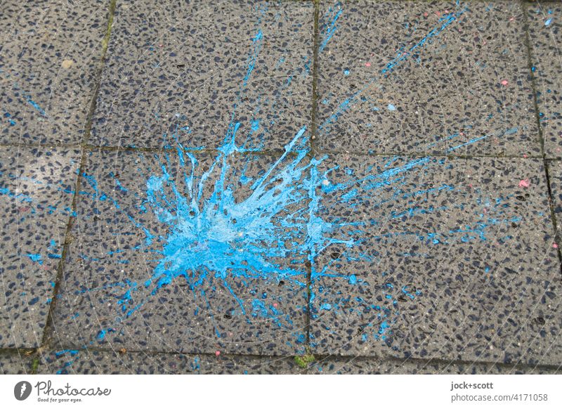 blue spot on the grey plates Paving tiles Sidewalk Structures and shapes Street art Patch of colour Dye Blue Abstract Square splash Background picture Gray