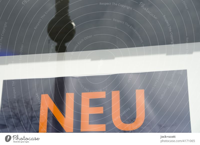 the latest news from around town Word Typography Berlin TV Tower Pane Poster Simple New Offer Silhouette Reflection blurriness Alexanderplatz Capital city