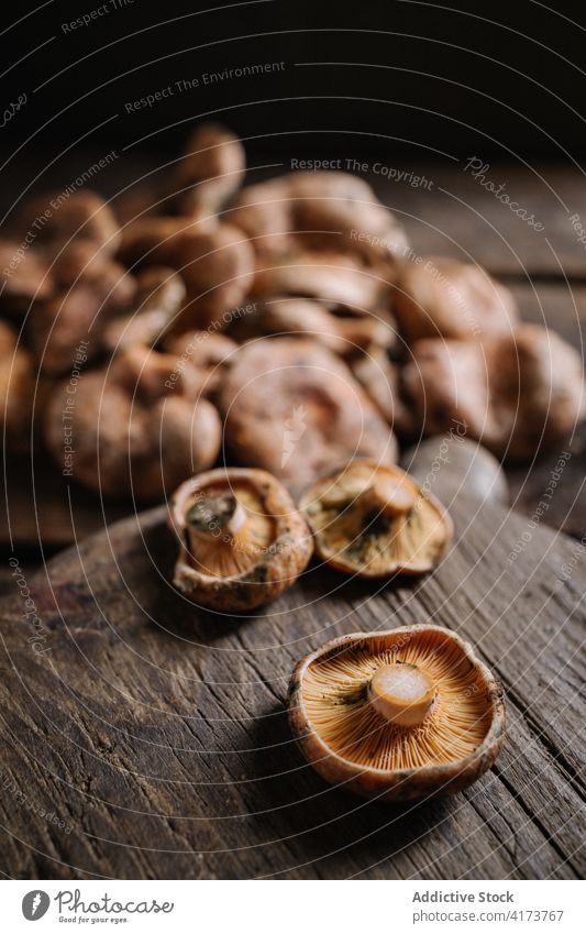Fresh saffron milk cap mushrooms on wooden table saffron milc cap red pine mushroom lactarius deliciosus cep fungus wild edible fresh raw organic food natural